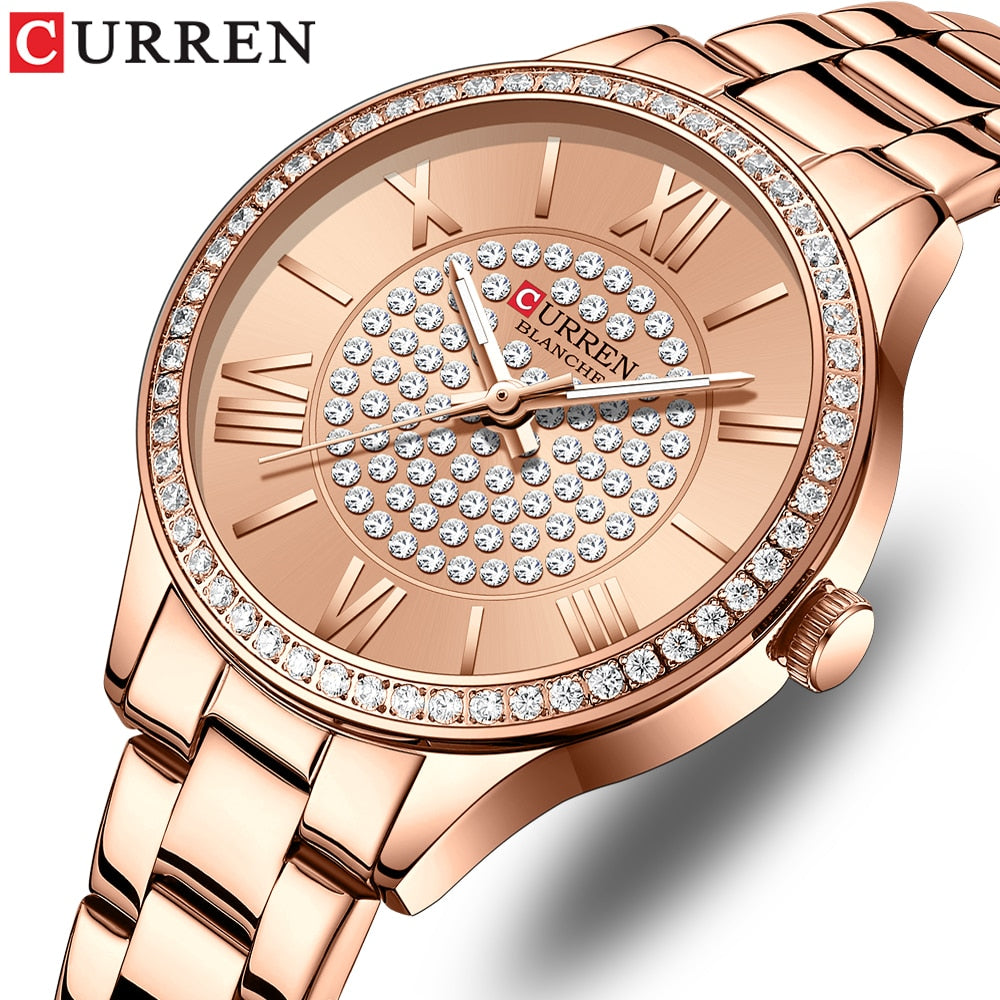 CURREN Luxury Rhinestones Rose Dial Fashion Watches with Stainless Steel Band New Quartz Wristwatches for Women