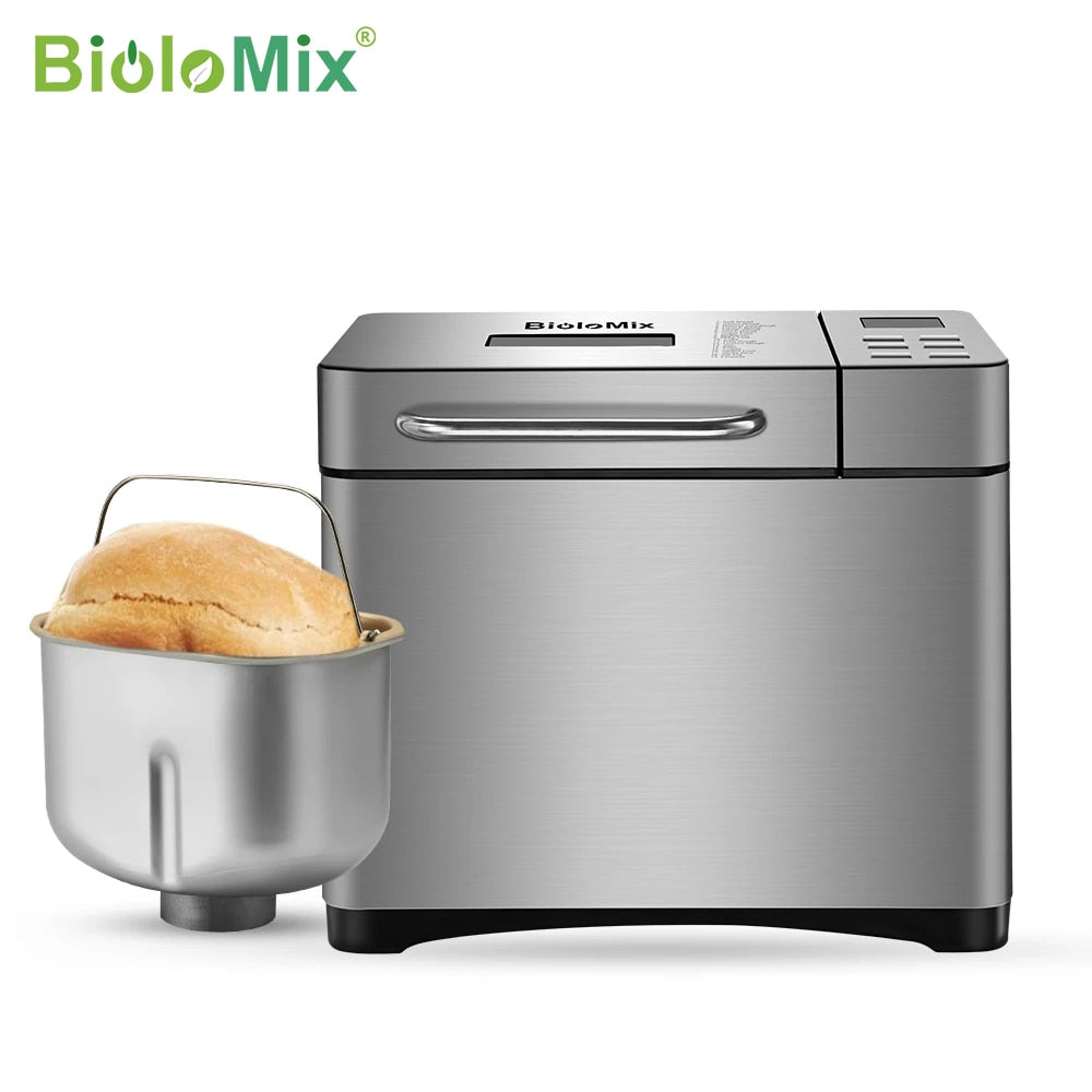 Biolomix Stainless Steel 1KG 19-in-1 Automatic Bread Maker 650W Programmable Bread Machine with 3 Loaf Sizes Fruit Nut Dispenser